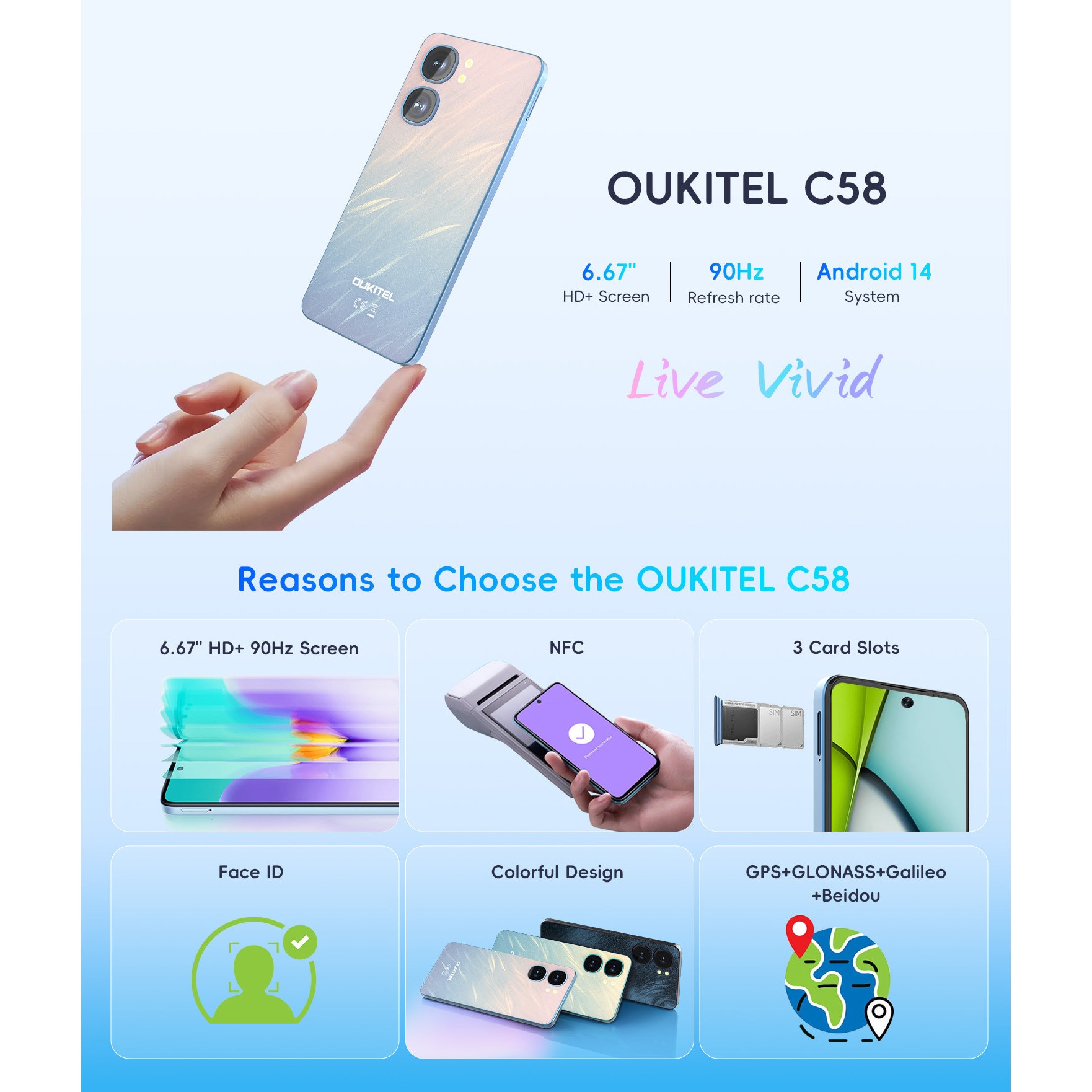 Telefon mobil OUKITEL C58, Dual SIM, Android 14, 16GB+128GB