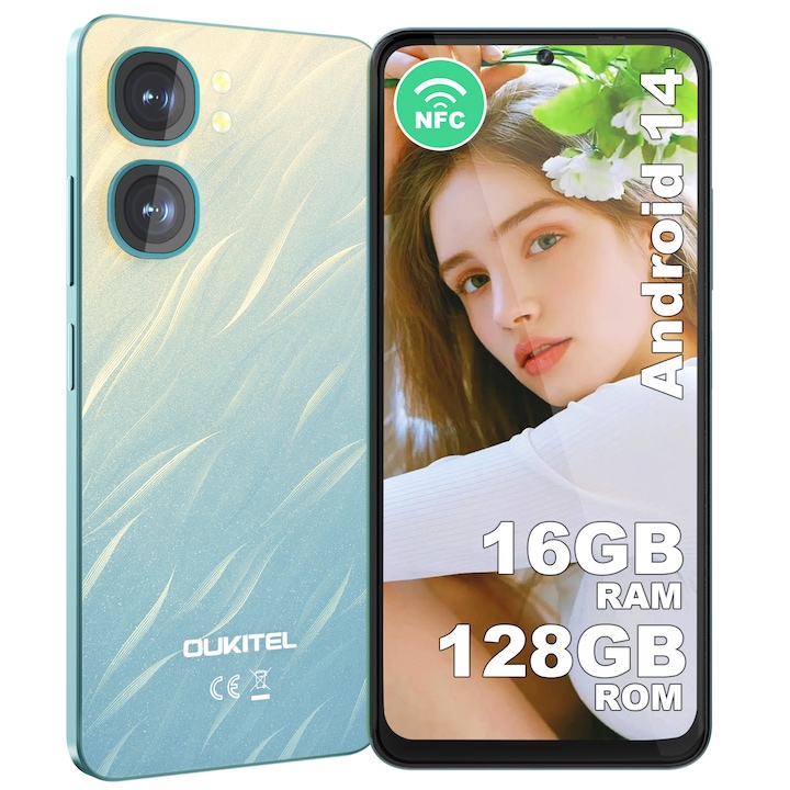 OUKITEL C58 mobiltelefon, dupla SIM kártyahely, Android 14, 16 GB + 128 GB, 5150 mAh, 6,67" HD+ képernyő, 13 MP + 5 MP kamera, 4G okostelefon, Face ID/GPS, zöld