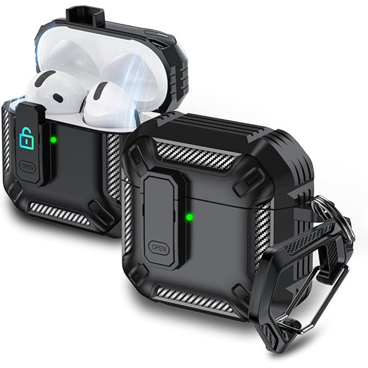 Husa compatibila cu AirPods 4, SHEFEITE, Husa protectie casti cu Breloc, Anti-zgarieturi si rezistent la socuri, Accepta incarcarea fara fir, Negru