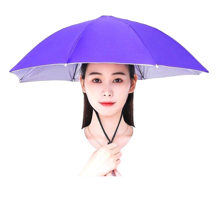 Umbrela de cap tip hands-free, Ploaie sau Soare, diametru 68 cm, prindere reglabila, pliabila, Mov