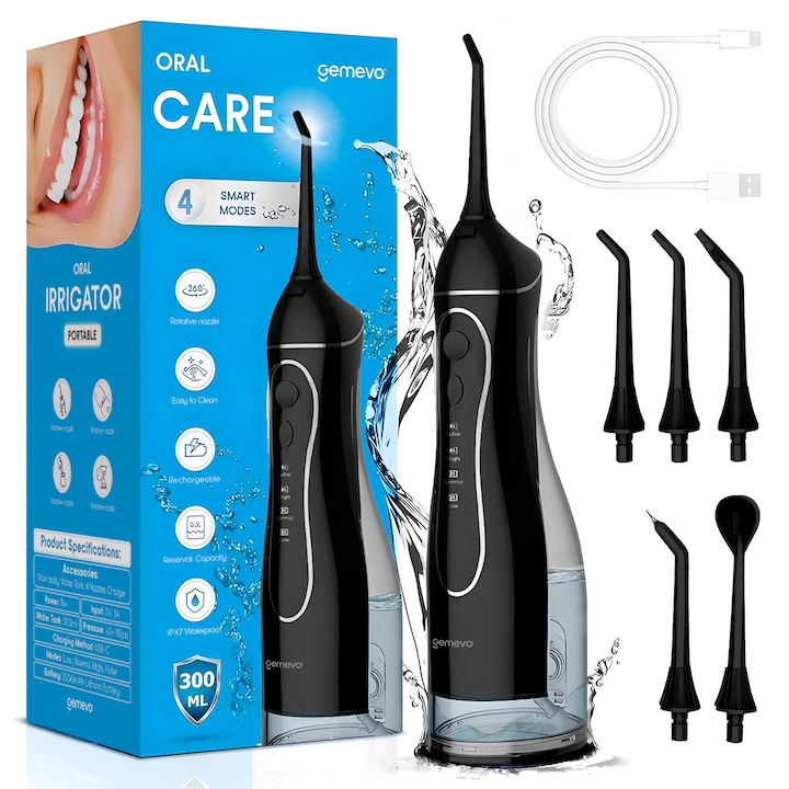Irigator Bucal Profesional Tip Dus Bucal Gemevo® ORAL CARE, Portabil, 4 Moduri de Lucru, Rezervor 300 ml, IPX7, Protectie Supraincalzire, Incarcare USB-C, Culoare Negru