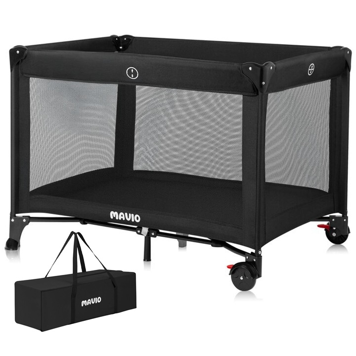 Patut Bebelusi Mavio®, Model Nova, Pliabil pentru Copii 0-36 luni, Portabil, 122x66 cm, Greutate Maxima 15 kg, Plasa Elastica, Geanta Transport Calatorie, Roti cu Sistem Blocare, Saltea Inclusa 120x60 cm