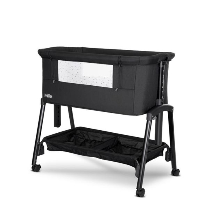 Patut Co Sleeper, Lorelli, Millie, 0 Luni+, max. 9 kg, inaltime reglabila 7 pozitii, sistem antireflux, plasa de tantari, saltea din spuma 3 cm grosime, cadru din aluminiu, prevazut cu roti cu sistem de blocare, pliabil, Black