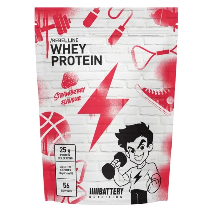 Supliment alimentar Battery Nutrition, Rebel Whey Protein - Proteina din zer cu capsuni 700g