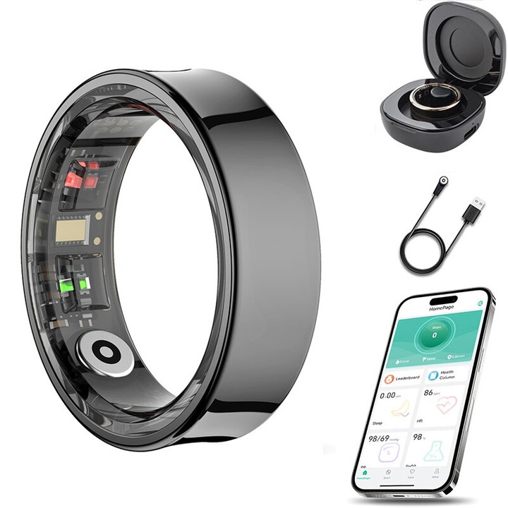 Inel inteligent Rqiurpn, Q9, SmartRing, monitorizare sanatate, Fitness, Sport, Rezistent Apa, Bluetooth 5.2, Monitorizare Ritm Cardiac, Oxigen din Sange, Temperatura corp, Somnul, Calorii, Distanta, Miscarea, IP68 unisex, marime 12(21.6 mm), negru