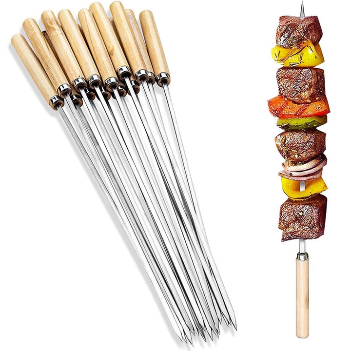 Set de 30 ustensile gratar Rqiurpn din otel inoxidabil cu maner din lemn, 33cm, pentru carne si legume