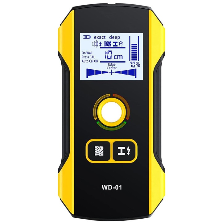 Detector electronic de perete, Rqiurpn, 6 in 1, detectare lemn, metal, cabluri AC, dimensiuni compacte, Afisaj digital, Baterie Li-ion 300 mAh, Type-C, Adancime detectare 120mm, Indicator LED, Galben