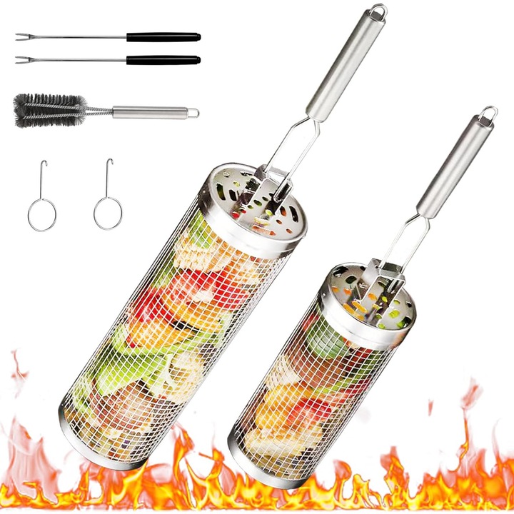 Set ustensile gratar Bedee, 2 cosuri cilindrice din otel inoxidabil, argintii, pentru camping si picnic