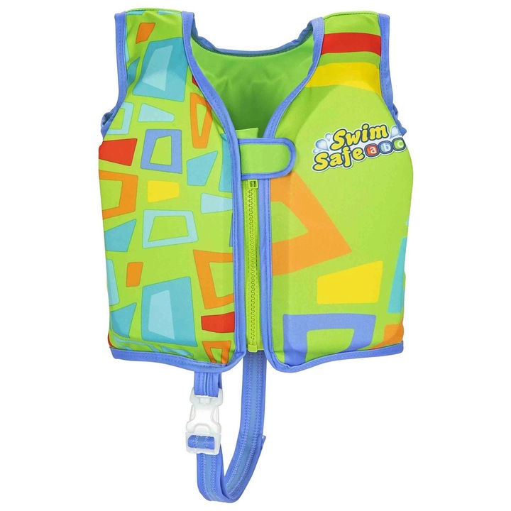 Vesta de inot pentru copii Bestway, catarame si curea reglabile, protectie UV UPF 50+, marimea M/L, latimea pieptului 51 cm, 1 pana la 3 ani, verde