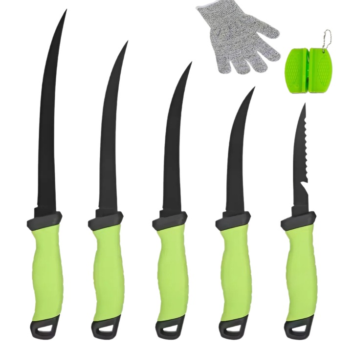 Set 5 Cutite Filetat Profesionale NEOSOR 9/8/7/6/5 Inch, Peste si Carne, Otel Inoxidabil, Lama Flexibila si Zimtata, Maner Ergonomic Anti-Alunecare, Teaca Protectie, Manusi Antitaiere, Ascutitor 2in1 Tungsten si Ceramica, Slefuire Manuala