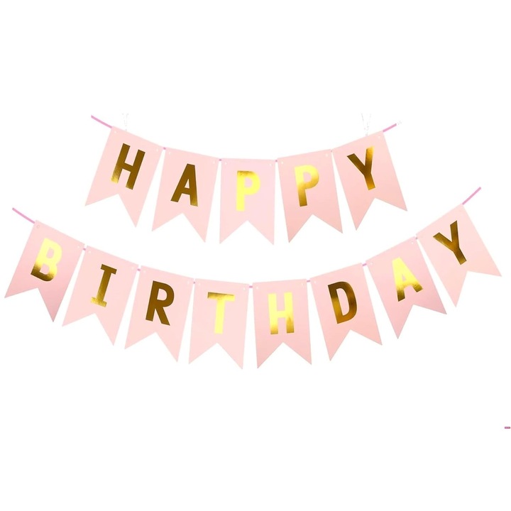 Banner Happy Birthday 100x200 cm, Dimensiune Stegulet 11.5x16.5 cm, Rola de Ata Inclusa, Roz