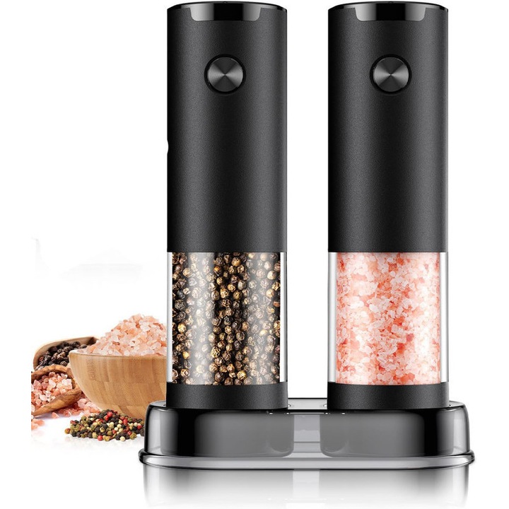 Set rasnite electrice pentru sare si piper, capacitate mare, ajustare grosime, iluminare LED, 2 bucati, negru