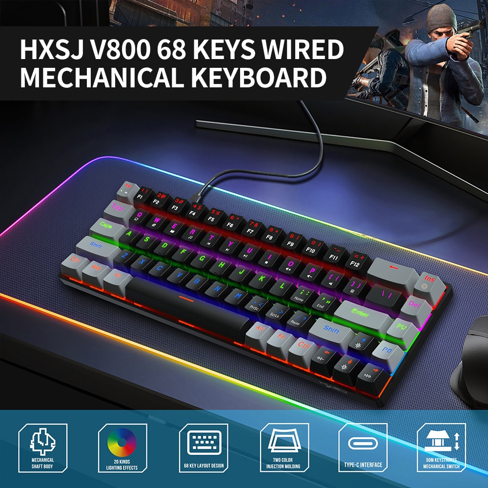 Tastatura mecanica Fokelyi HXSJ V800, 68 taste, iluminare RGB