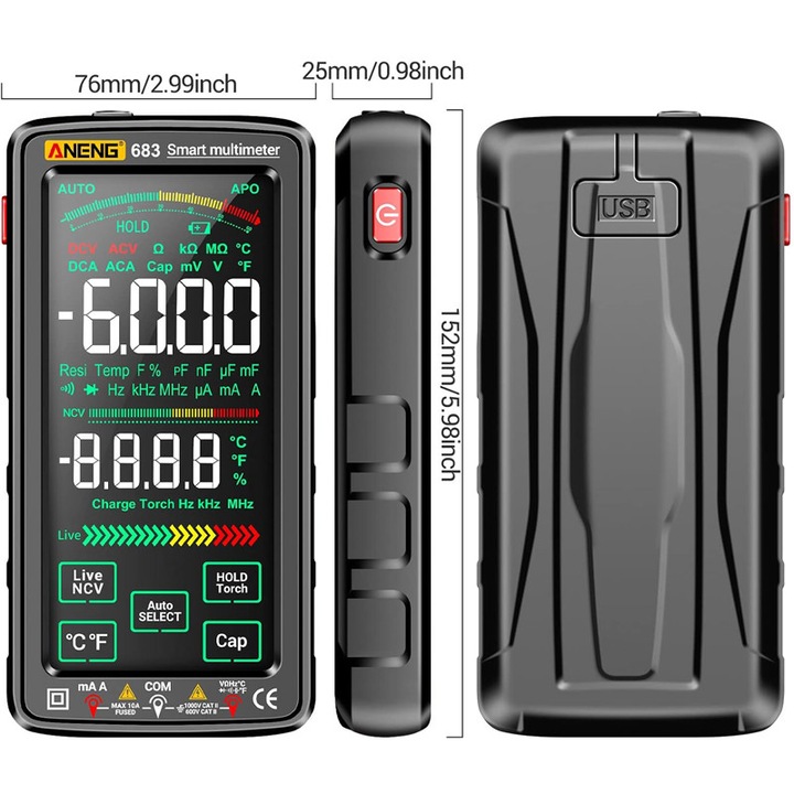 Multimetru digital smart cu touchscreen, Rqiurpn, 11 functii de masurare, LCD touch screen, Incarcare USB, Lanterna integrata, Husa de transport, Masurare si detectie automata, Avertizare, Capacitate, Rezistenta, Curenti AC/DC, Negru