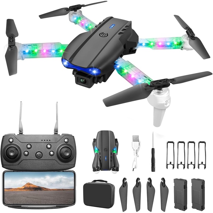 Дрон Bedee E99 Light Edition, 2 HD камери, цветни LED, сгъваем, черен, комплект от 2 батерии