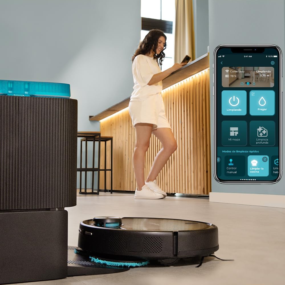 Aspirator robot si robot de spalat podele Cecotec Conga 11090 Spin Revolution – Statie de auto-golire, spalare si uscare mopuri, navigatie laser cu ultrasunete, motor de aspirare cu 5000 Pa