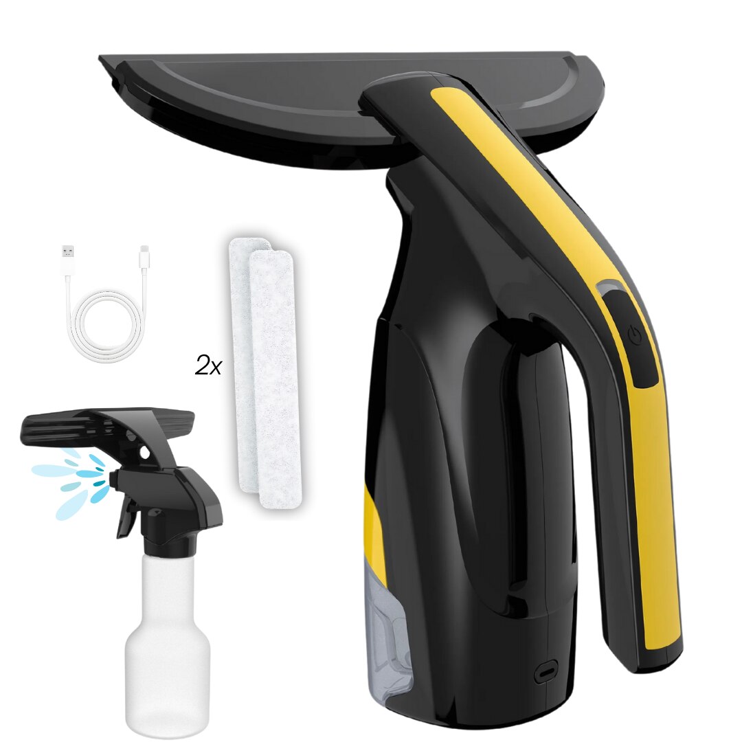 Aspirator geamuri Valorix PRIME, Putere de aspiratie mare, Autonomie 35 min, Rezervor 200 ml, Lama 28 cm, Incarcare USB-C, IPX4, 2 Lavete Microfibra + Pulverizator Inclus, Pentru geamuri, oglinzi, faianta, mese si auto, negru/galben