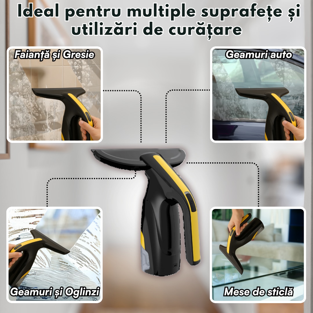 Aspirator geamuri Valorix PRIME, Putere de aspiratie mare, Autonomie 35 min, Rezervor 200 ml, Lama 28 cm, Incarcare USB-C, IPX4, 2 Lavete Microfibra + Pulverizator Inclus, Pentru geamuri, oglinzi, faianta, mese si auto, negru/galben