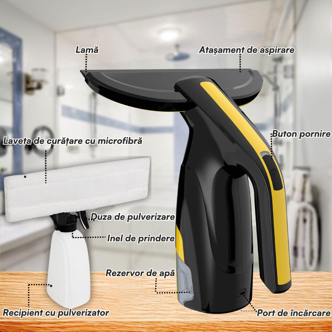 Aspirator geamuri Valorix PRIME, Putere de aspiratie mare, Autonomie 35 min, Rezervor 200 ml, Lama 28 cm, Incarcare USB-C, IPX4, 2 Lavete Microfibra + Pulverizator Inclus, Pentru geamuri, oglinzi, faianta, mese si auto, negru/galben