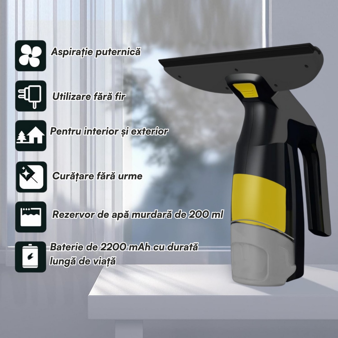 Aspirator geamuri Valorix PRIME, Putere de aspiratie mare, Autonomie 35 min, Rezervor 200 ml, Lama 28 cm, Incarcare USB-C, IPX4, 2 Lavete Microfibra + Pulverizator Inclus, Pentru geamuri, oglinzi, faianta, mese si auto, negru/galben