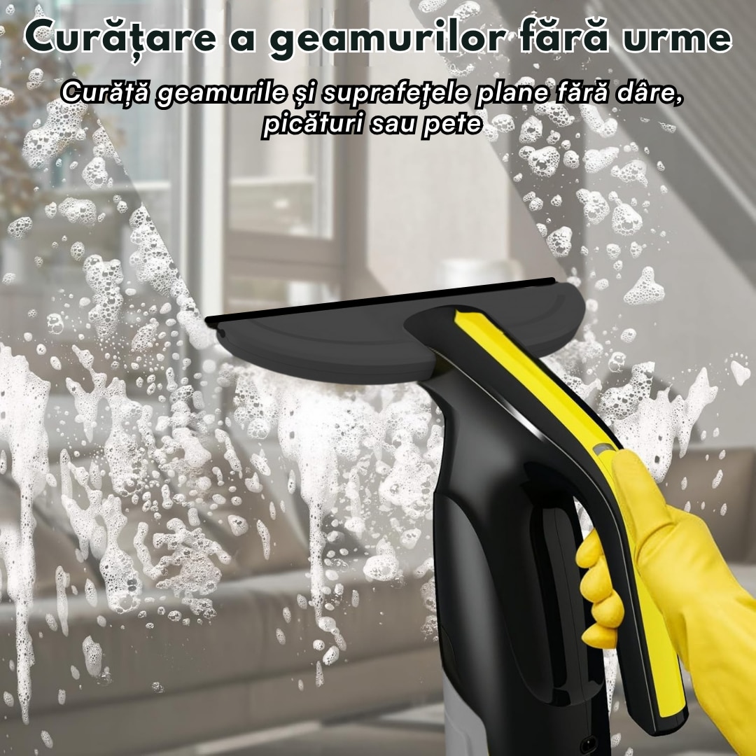 Aspirator geamuri Valorix PRIME, Putere de aspiratie mare, Autonomie 35 min, Rezervor 200 ml, Lama 28 cm, Incarcare USB-C, IPX4, 2 Lavete Microfibra + Pulverizator Inclus, Pentru geamuri, oglinzi, faianta, mese si auto, negru/galben