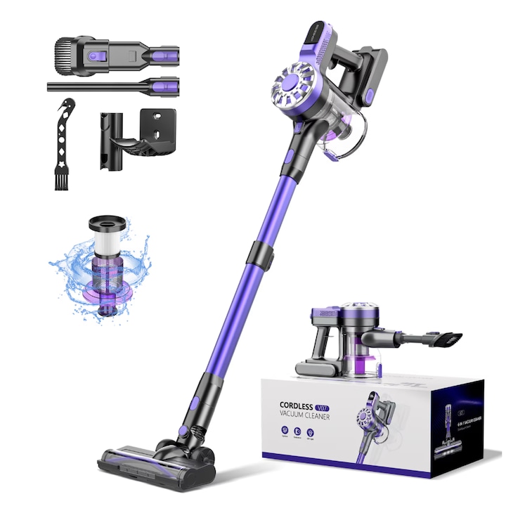 Aspirator Vertical 4 In 1, SeveShop® V08, Aspirator Fara Fir Cu Motor Ciclon 12000 Pa, Recipient 500 ml, Aspirator Vertical Cu Filtru HEPA, Iluminare LED, Autonomie 30 Min, Tub Telescopic, Rotatie 180°, Perii Multiple, Podea, Covor, Aspirator Mov