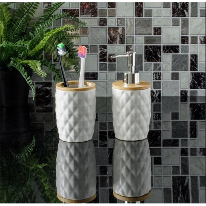 Set ceramic suport periuta & dozator sapun lichid, alb/natur