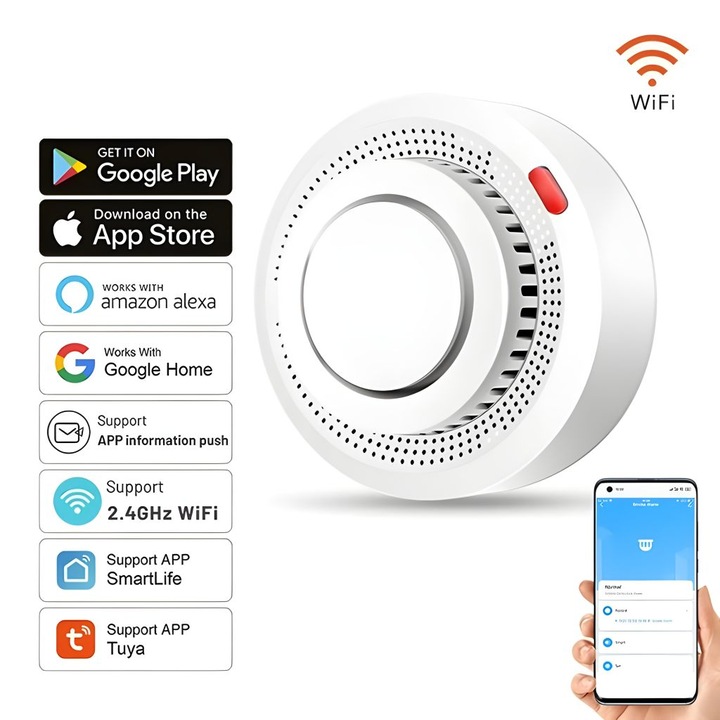 Detector Fum Inteligent WiFi Tuya, 85dB, Compatibil Google Assistant, Alarma Incendiu cu Notificari pe Telefon, Aplicatie Smart Life, Conectare Bluetooth + WiFi, Ideal Casa/Birou, Montaj Tavan