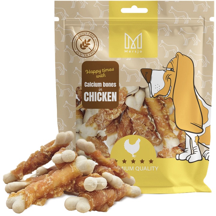 Recompense hipoalergenice caini, Mersjo, Cubulete cu calciu si pui, 500g