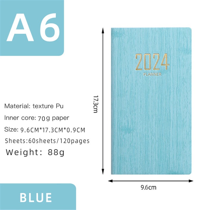 Planner zilnic nedatat YANYXR BCS2909776, A6 (9.6 x 17.3 cm), coperta PU texturat, 120 pagini, bleu