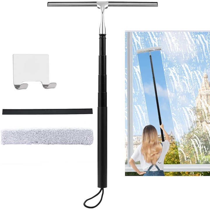 Стъклочистачка, За прозорци за дома, комплект 2 в 1 с удължителна пръчка, 30,5 см ширина, черен