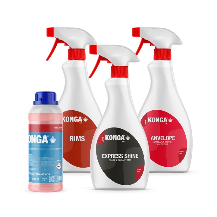 Комплект автомивки: Розова активна пяна 1 л + Препарат за гуми 750 мл + Препарат за джанти 750 мл + Автомобилна вакса 750 мл