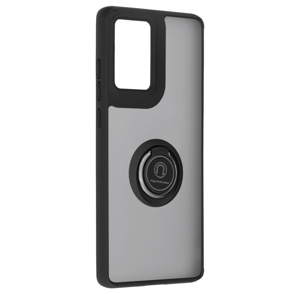 Husa pentru Motorola Moto G85, SKYDDAR INNOVATION, Glinth cu Inel Rotativ 360° Magnetic, Negru, set cu sticker