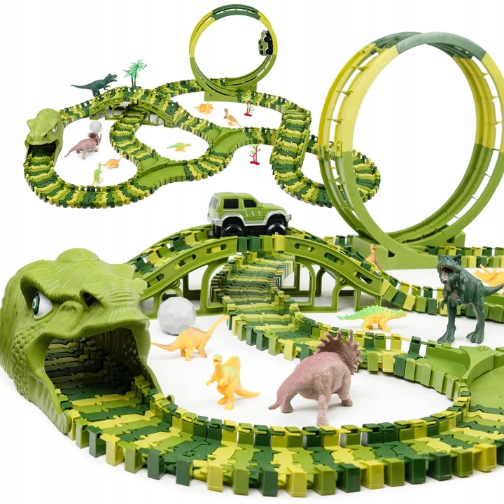 Mega Dinoszaurusz Versenypálya 260 Darabos ORBITAL PARADISE, Nagy és Kis Dinoszauruszok, Terepjáró, Könnyen Összeszerelhető – Kreatív Játék 3+ Éves Gyermekeknek