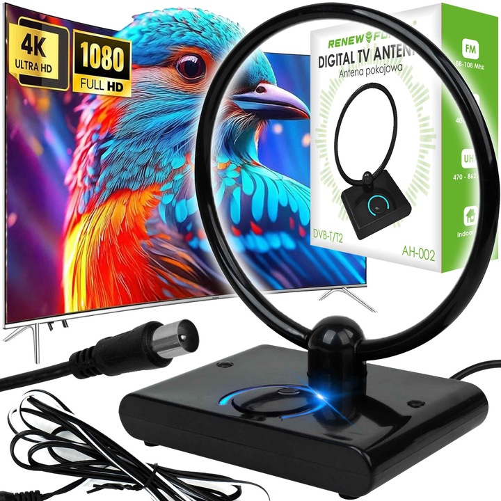 Телевизионна антена RENEW FORCE, цифрова, усилвател, DVB-T2, VHF 40-230 MHz и 470-862 MHz сигнал, USB усилвател 5V/1000mA, кабел 1.5 м, импеданс 75Ω, пол. линейна, КСВ