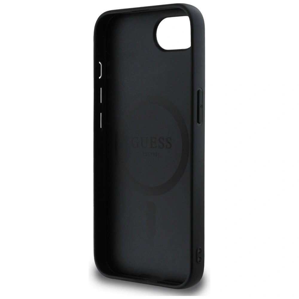 Carcasa Guess Grained Hot Stamp Peony Triangle Logo, cu MagSafe, compatibila cu iPhone 16e, Negru