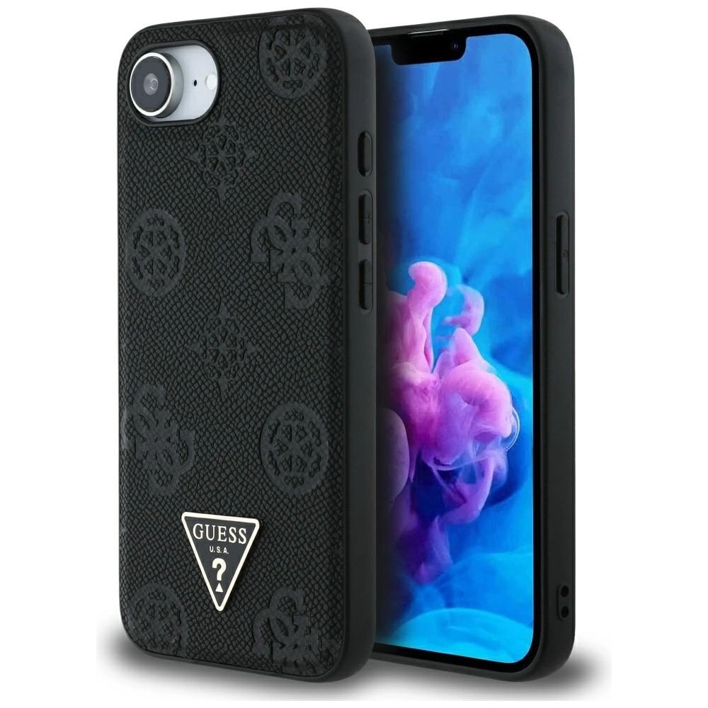 Carcasa Guess Grained Hot Stamp Peony Triangle Logo, cu MagSafe, compatibila cu iPhone 16e, Negru