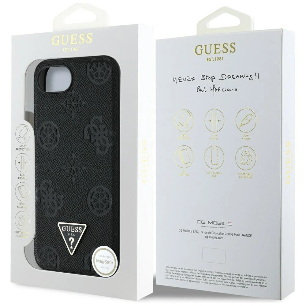 Carcasa Guess Grained Hot Stamp Peony Triangle Logo, cu MagSafe, compatibila cu iPhone 16e, Negru