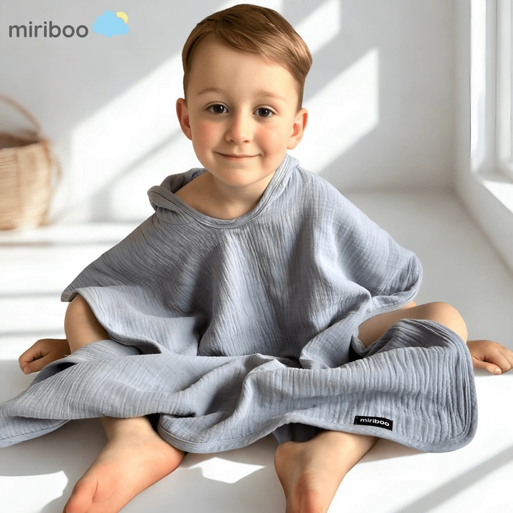 Prosop Poncho de Vara din Muselina cu Gluga pentru Copii, Miriboo®, 80x60 cm, 1-5 ani, Moale, Fin si Super Absorbant, Culoare Gri- Albastru, Ambalaj Premium– Cadoul Ideal pentru Baie sau Piscina