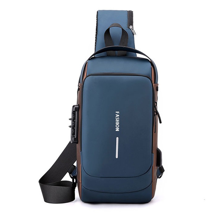 Rucsac umar impermeabil USB, Oxford, albastru, 31x16x9cm