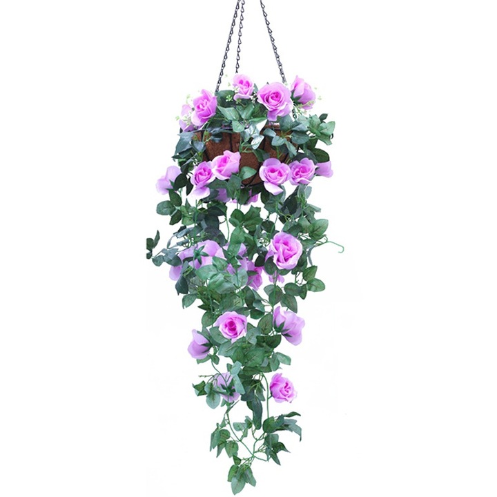Кошница с изкуствени висящи цветя, Feicaeesa®, с изкуствени рози и изкуствен ратан, розова, комплект висящи кошници