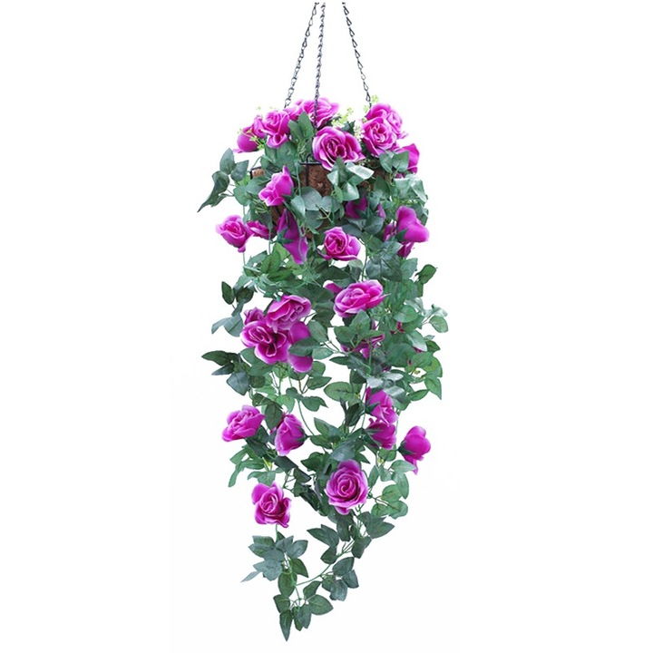 Cos cu Flori Artificiale Suspendate, Feicaeesa®, Cu Trandafiri Artificiali si Ratan Artificial, Violet, Set cu Cosuri Agatate