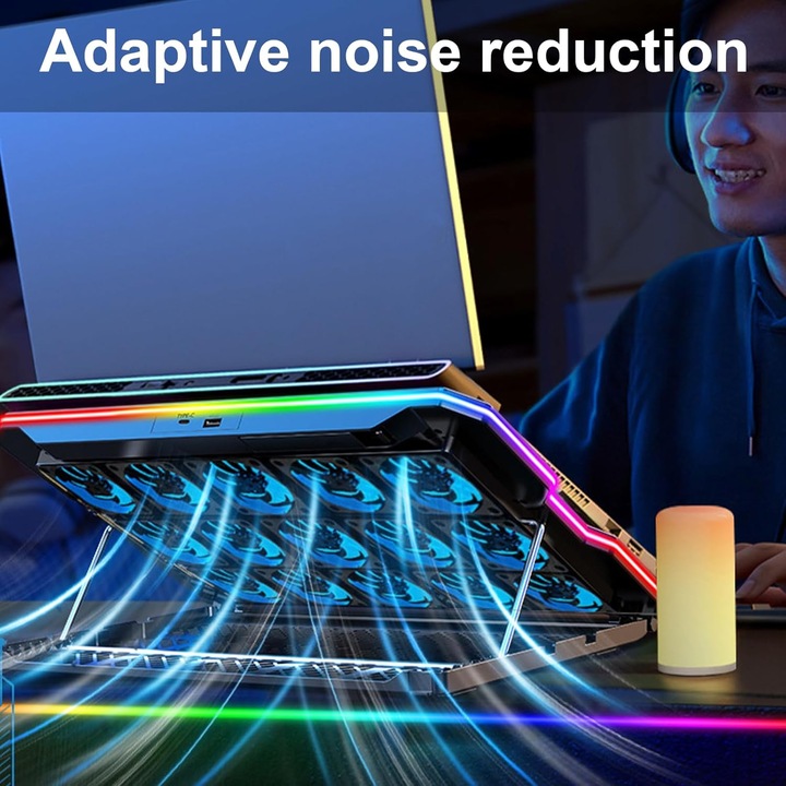 Cooler Gaming RGB Profesional pentru Laptop, Excitat®, 15 ventilatoare silentioase, cu 7 trepte de inaltime, Lumini LED, 2 porturi USB cu suport pentru telefon, Potrivit pentru laptopuri de 12.1-17.3, Negru intens