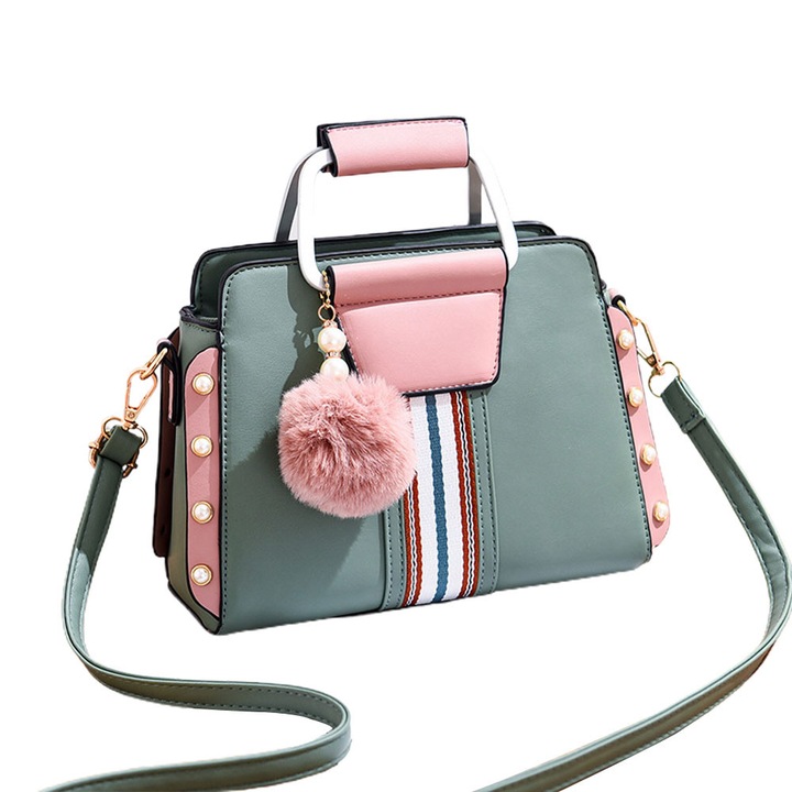 Műbőr válltáska, zöld/rózsaszín, 24x12x18cm