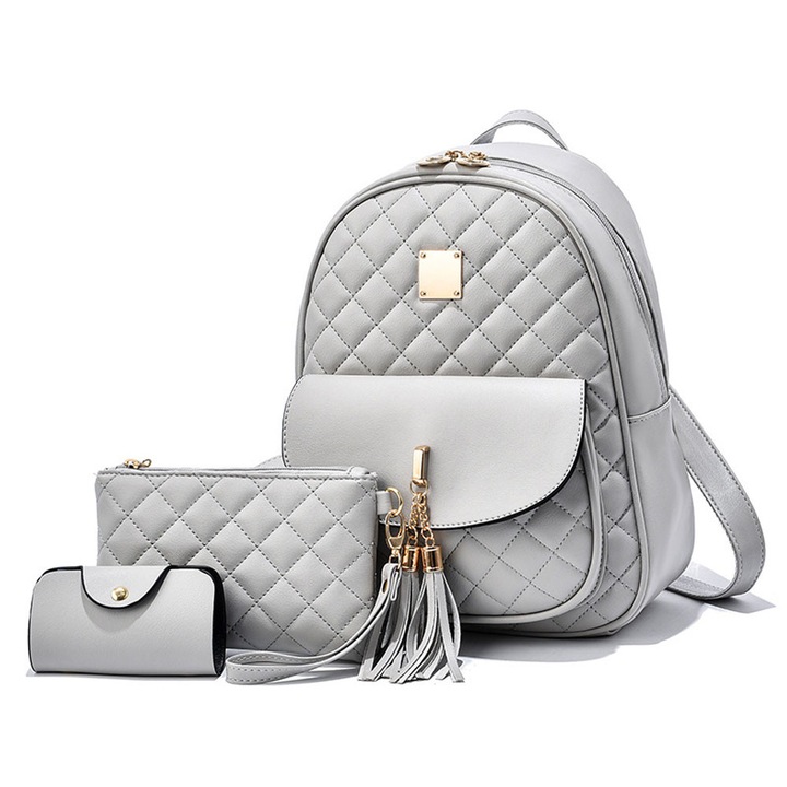 Rucsac set 3 piese, gri deschis, dimensiuni 30x25x11cm si 19x12x2cm