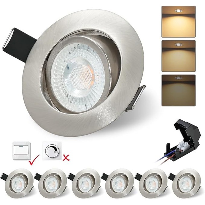 Spoturi LED incastrate 230V 3 nivele Dimmerabile 6W IP44 Spot LED plat pentru baie, bucatarie, sufragerie, diametru 68 mm, 3000 K, alb cald, 600 lumeni