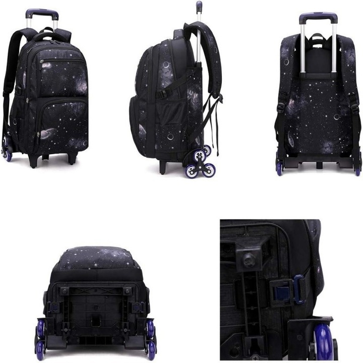 Set Ghiozdan troler Scoala 3 Piese, Excitat®, cu punga de creion, geanta tote, 6 Roti, tip Rucsac Oxford Impermeabil de Capacitate Mare, Rezistent la uzura, Ergonomic, Buzunare Pentru Laptop, Telefon, Apa, Pentru Elevi de Liceu sau Adulti, Negru