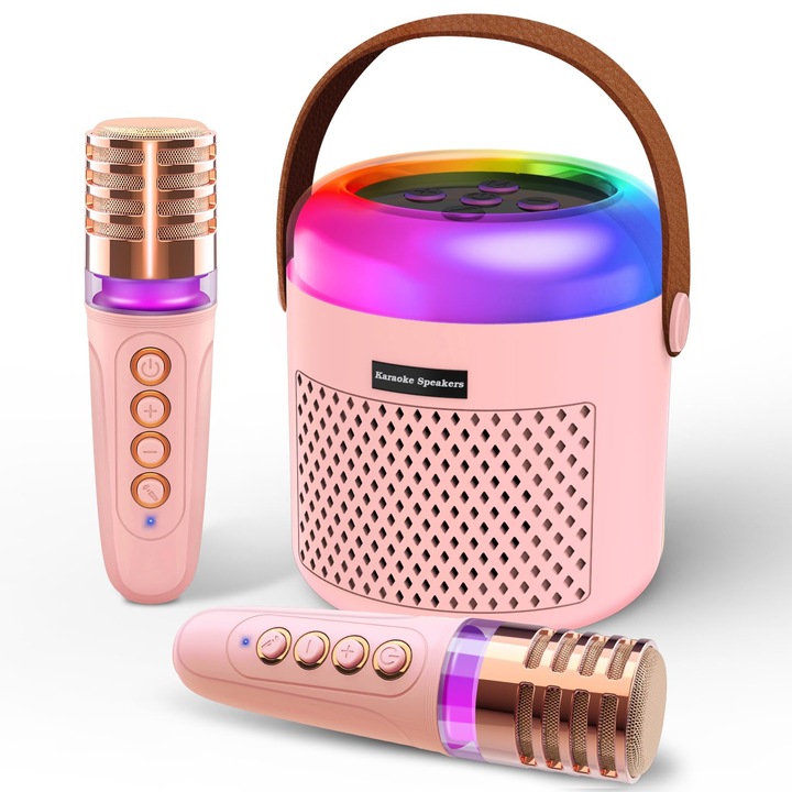 Pmgud Karaoke Gép, Hordozható Karaoke Rendszer Gyerekeknek, Mikrofonnal, LED Fénnyel és Bluetooth-szal, Fiúknak és Lányoknak, Tökéletes Partikra és Otthoni Játékokra 3 Éves Kortól - (Rózsaszín)