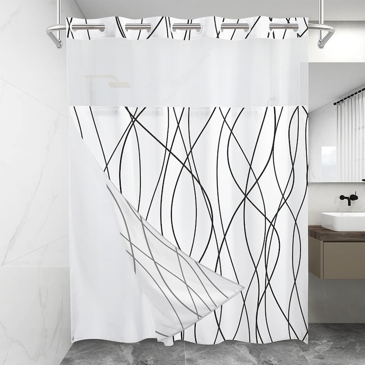 Perdea de dus, YISYNIM, Poliester, 181x188cm, Alb/Negru