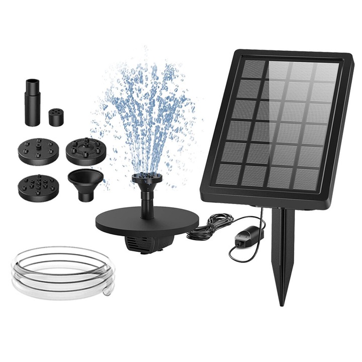 Pompa de apa solara 5W Bedee, cu 4 duze, pentru fantana, gradina, bazin pentru pasari, culoare neagra, dimensiune panou solar 198x133mm